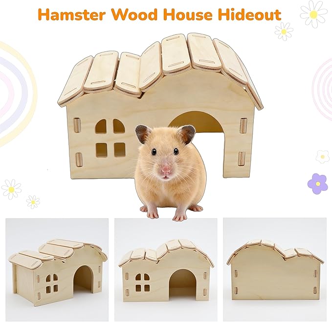 2 Pcs Wooden Hamster Platform Set, Hamster Wooden House Hideout, with Detachable Ladder Bridge, Climbing Toys, Cage Accessories, Small Animals Habitat Decor for Rat Gerbils and Other Small Pets