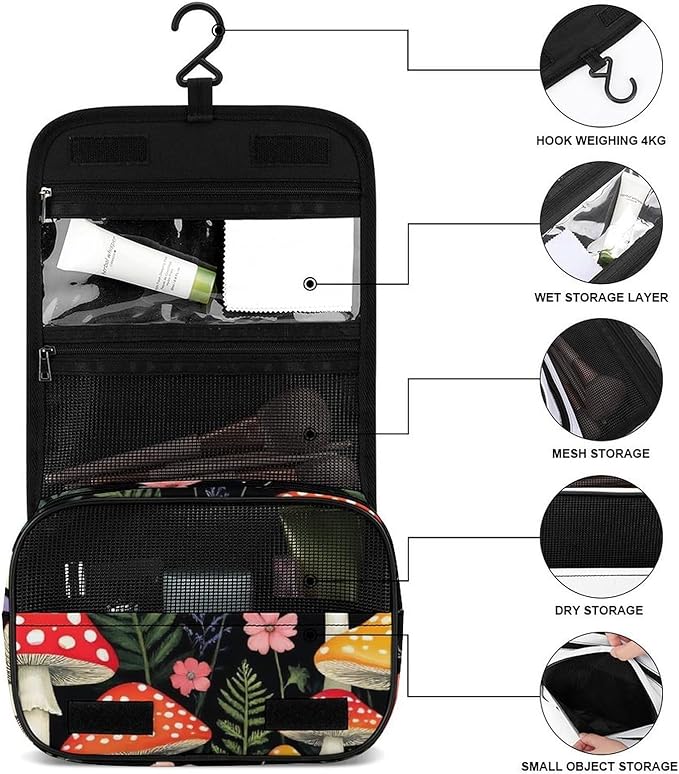 Hanging Travel Toiletry Bag for Men and Women Makeup Organizer (Goth Gothic Moon Cute Mushroom)