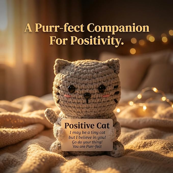 Positive Cat Plush with Encouraging Sign, Crochet Gift of Support for Women, Uplifting Sister Friendship Present, Gray Message Holder Toy