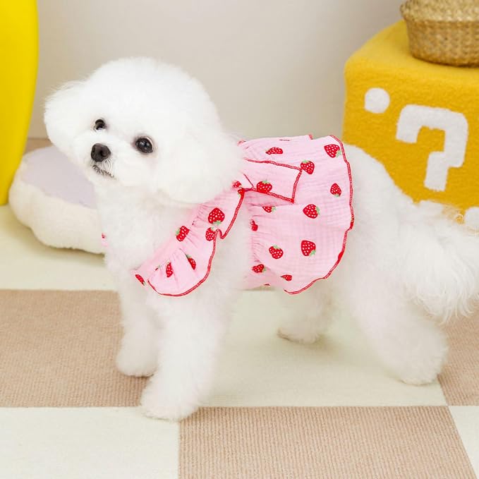 Dog Dresses for Small Dogs Girl Female Clothes Cat Clothes Cat Dress Cute Cotton Extra Small Summer Clothes Bow Decor Printed Strawberry Dog Birthday Outfit Puppy Clothes Pink XL