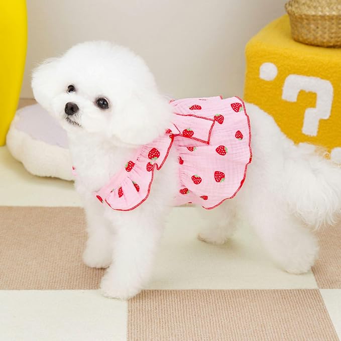 Dog Dresses for Small Dogs Girl Female Clothes Cat Clothes Cat Dress Cute Cotton Extra Summer Bow Decor Printed Strawberry Dog Birthday Outfit Small Puppy Clothes Pink L