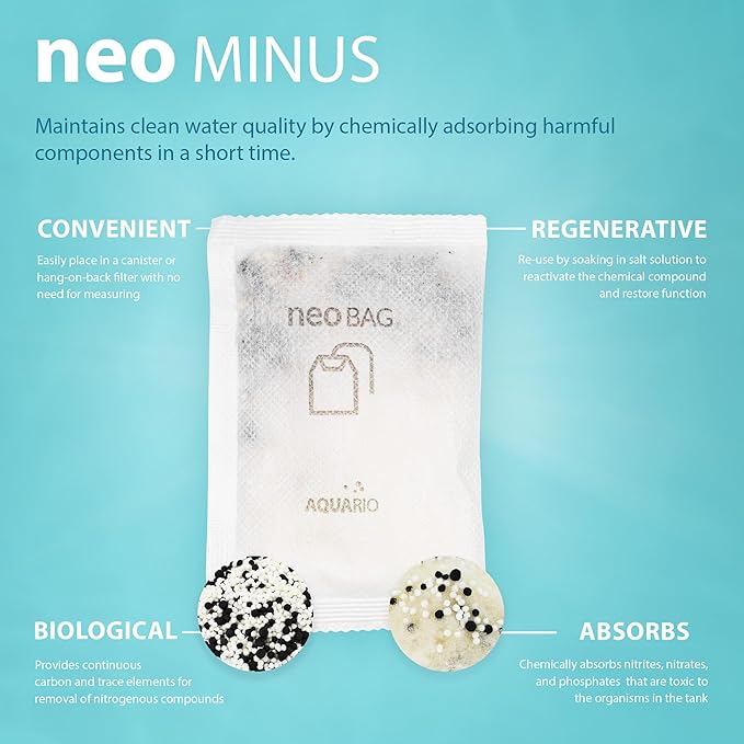 Aquario Neo Minus - Aquarium Filter Media - Harmful Negative Ion Adsorption, Phosphate Remover and Nitrate Remover for Aquarium Freshwater, Ideal for Aquatic Habitats - 8-Count Bags