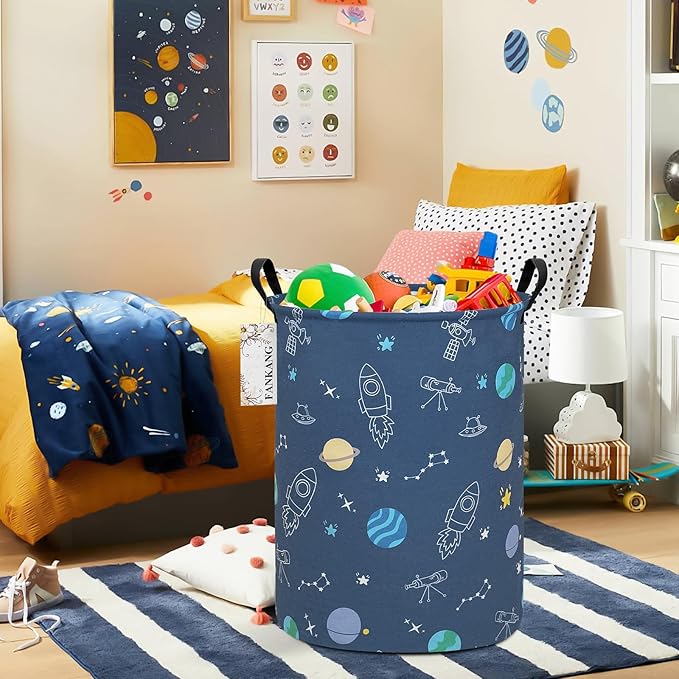 Storage Basket, Nursery Hamper Canvas Laundry Basket Foldable with Waterproof PE Coating Large Storage Baskets for Kids Boys and Girls, Office, Bedroom, Clothes,Toys（Colorful Space ）