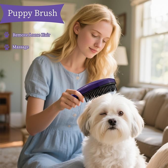 Comma-Shaped Small Dog Brush, Fit for Yorkie, Shih Tzu, Maltese Maltipoo Pomeranian - Gentle Soft Bristles for Effortless Pet Hair Removal, Puppy Essentials (Dark Purple)