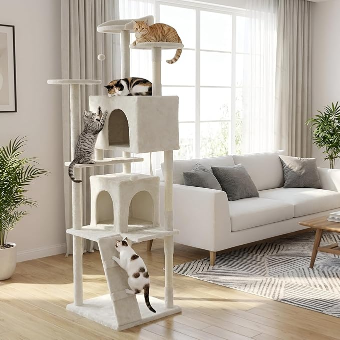 PayLessHere Cat Tree 62in Cat Tower with Cat Scratching Post,Multi-Level Cat Condo Stand House Furniture Kitty Activity Center with Furry Ball Toys Cat Tree for Indoor Cats,Beige