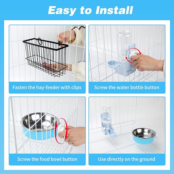 YUEPET 4-in-1 Large Rabbit Litter Box, Non-Slip Stainless Steel Litter Boxes with Sifting Grid & Hay Feeder Food Bowl, Easy Cleaning Bunny Litter Box with Odor Control for Rabbits Small Pets（M）