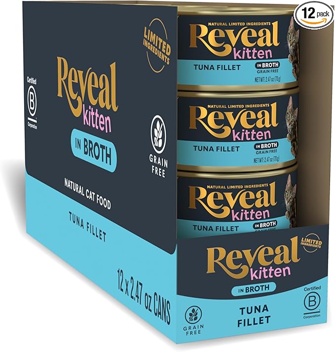 Reveal Natural Wet Kitten Food, Limited and Natural Ingredients, Grain Free, High Protein with No Artificial Additives, Tuna Fillet in Broth (12 x 2.47 oz Cans)