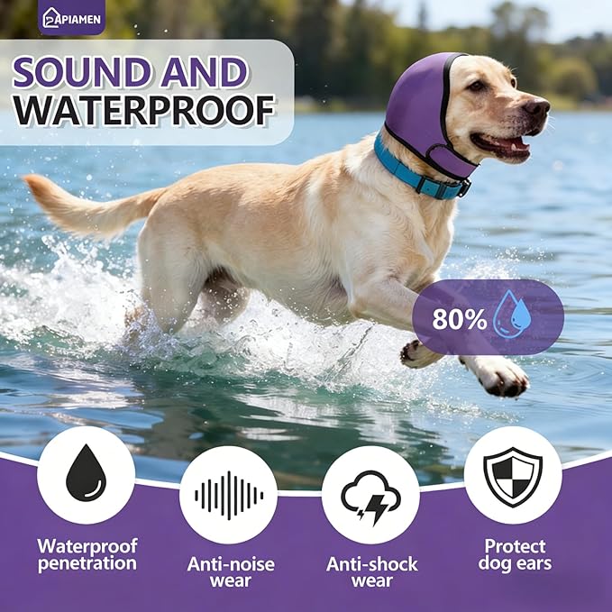 Dog Ear Cover for Hematoma,Bathing,Grooming,Drying,Fashion No Shake Ear Wraps for Dogs Ear Muffs Noise Protection Anxiety Relief,Waterproof Dog Calming Hoodie Shower Cap(Purple,L)