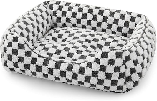 JOEJOY Dog Bed for Medium Small Dogs - Rectangle Orthopedic Dog Sofa Bed, Cute Modern Puppy Bed with Jacquard Shaggy Plush & Anti Slip Bottom, 25x21x8inches, Grey