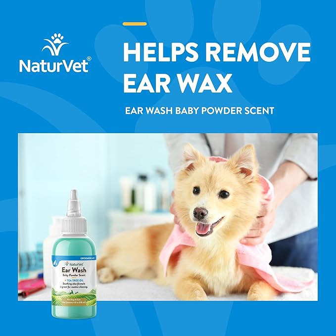 NaturVet Ear Wash Plus Tea Tree Oil for Dogs and Cats, 4 oz Liquid, Made in USA