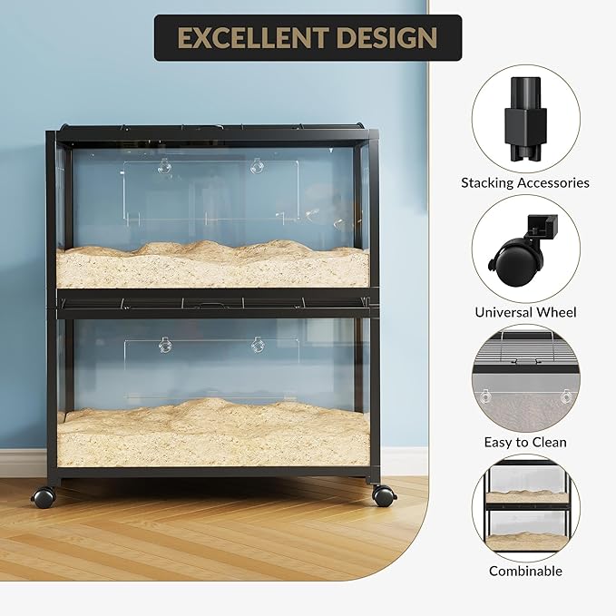 Acrylic Hamster Cage for 2 Rats, Indoor Guinea Pig Cages, Small Animal Habitats, 360° Viewing & Stacked Design Mouse Cage for Chinchillas,Syrian Hamster, Gerbil