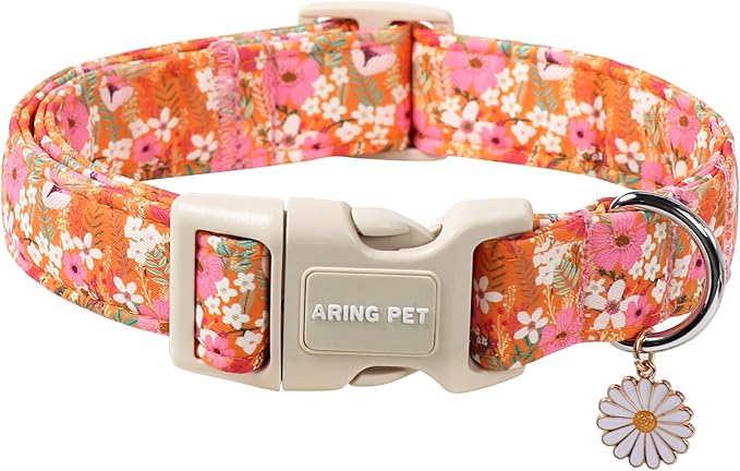 ARING PET Spring Summer Dog Collar, Cute Daisy Wildflower Floral Blossom Pet Collars for Small Medium Large Girl Dogs-M Size