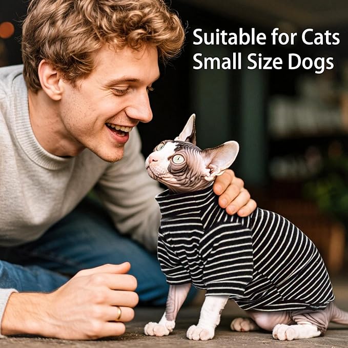 Sphynx Cat Sweater Hairless Cat Clothes Sweater Shirt Soft Warm Long Sleeves Pullover Pet Clothes Pajamas Dog Cloth for Small Dogs Jumpsuit Pet Sweaters (B&W Striped, Medium)