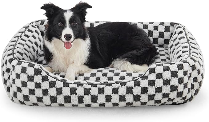 JOEJOY Dog Bed for Large Medium Small Dogs - Rectangle Orthopedic Dog Sofa Bed, Cute Modern Puppy Bed with Jacquard Shaggy Plush & Anti Slip Bottom, 30x24x9inches, Grey