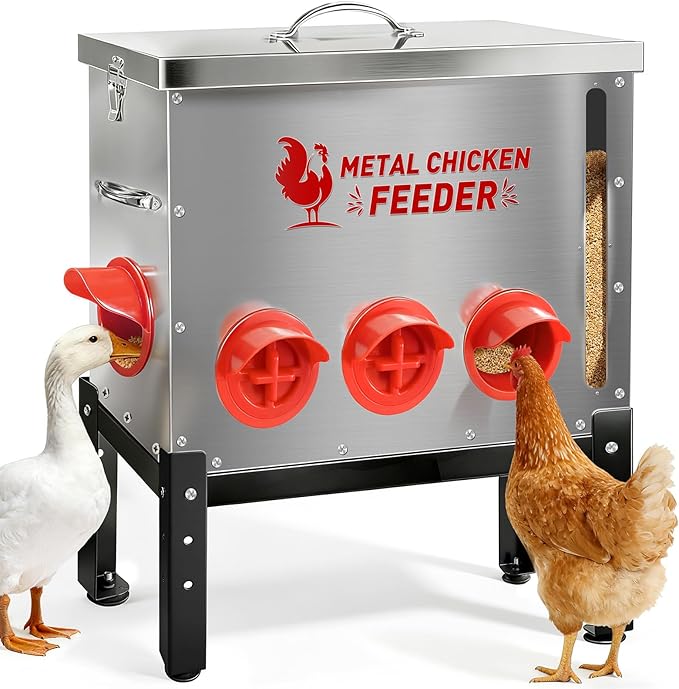 Automatic Chicken Feeder 50 LB Large Capacity with Window 8 Feeding Ports & Buckle Lock Lid and Adjustable Height Stand Chicken Feeder for Chickens Geese Ducks & Poultry(Silver)
