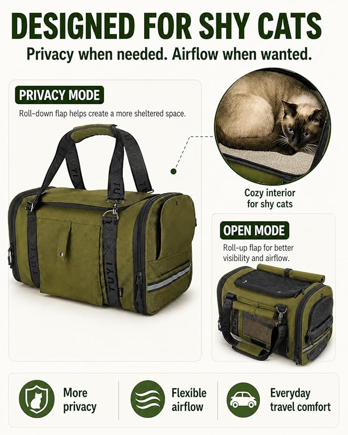 Soft Sided Cat Carrier for Anxious Cats with Privacy Flaps, Airline Approved & Car Seat Safe Pet Carrier for Small Dogs & Cats, 17 x 9.5 x 10.5 in, Reinforced Resin Mesh, Metal Buckles, Green