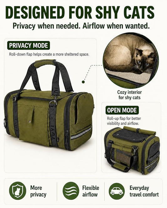 Soft Sided Cat Carrier for Anxious Cats with Privacy Flaps, Airline Approved & Car Seat Safe Pet Carrier for Small Dogs & Cats, 17 x 9.5 x 10.5 in, Reinforced Resin Mesh, Metal Buckles, Green