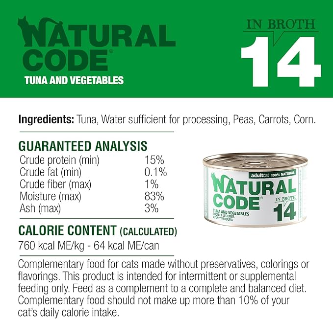 Natural Code - 24 Pack Wet Cat Food, Limited Ingredient Cat Food, High-Protein, Non-GMO, No Artificial Additives, Made in Italy, Tuna and Vegetables in Broth for Adult Cats, 3 oz