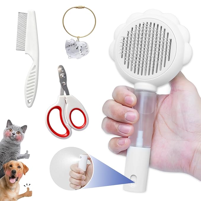 Cat Brushes For Indoor Cats, Cat Shedding Brush With Pet Flea Comb & Pet Nail Clippers, Slicker Brush For Dogs & Rabbit Grooming Kit, Spray Hair Removal Comb With Release Button & Visual Spray, White