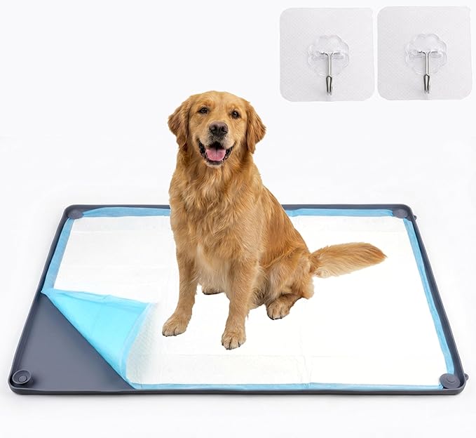 2-in-1 Silicone Dog Pee Pad Holder Tray, 24”x35” Large - Non-Slip Potty Training Tray for Medium & Large Dogs with Corner Snaps, Raised Edges - Wall-Mountable Indoor Dog Toilet & Splash Guard