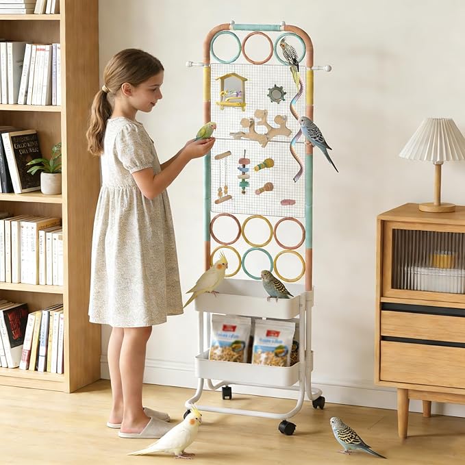 Large Bird Playground, Parrot Perch Stand with Toys DIY Zone, Wheels, Toilet, Storage Space, Bird Stands for Inside Play Gym Stand for Parakeet Conure Cockatiel Lovebird Budgie African Greys