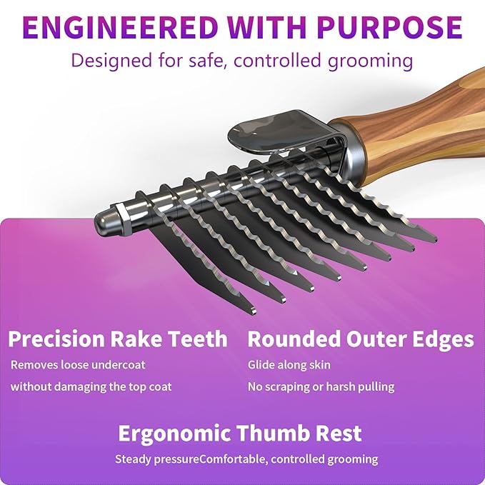 Dog Dematting Comb & Rake, Stainless Steel Pet Grooming Brush for Mats & Tangles, Gentle Undercoat Rake for Doodles, Poodles, Goldendoodles, Long/Short Haired Dogs & Cats, Non-Slip Wooden Handle