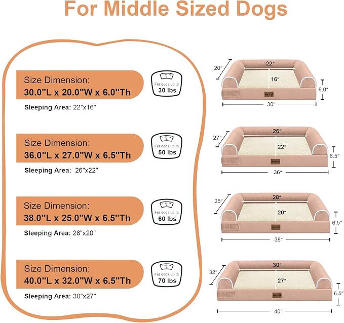 NANUYA Orthopedic Dog Bed for X-Large Dogs, 40 x 32 Inch, Pink | Egg crate foam for joint support, 3-sided bolster pet sofa, waterproof lining, washable cover, and non-skid base