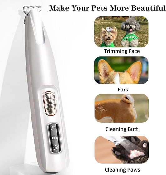 Electric Paw Trimmer for Dogs & Cats - Quiet Rechargeable Clipper with LED Light, 2 Wide Blades, Waterproof for Paws, Ears, Face, Rump - Multifunctional Pet Grooming Tool