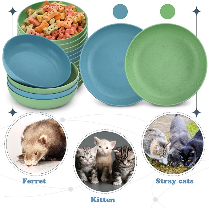 Tioncy 24 Pcs Cat Food Bowl 5.5'' Fatigue Relief Shallow Cat Food Dish Wide and Small Pet Wet Plate Wide Stray Wet Feeding Bowl for Ferrets Feral Short Legged Kitten, Wheat Straw(Blue,Green,Classic)
