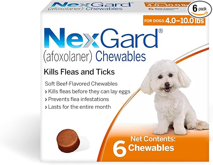 NexGard® (afoxolaner) Flea and Tick Protection for Dogs Oral Soft Beef Flavored Chewables, 4 to 10 lbs. (Orange Box) 6 Chews (6 Month Supply)