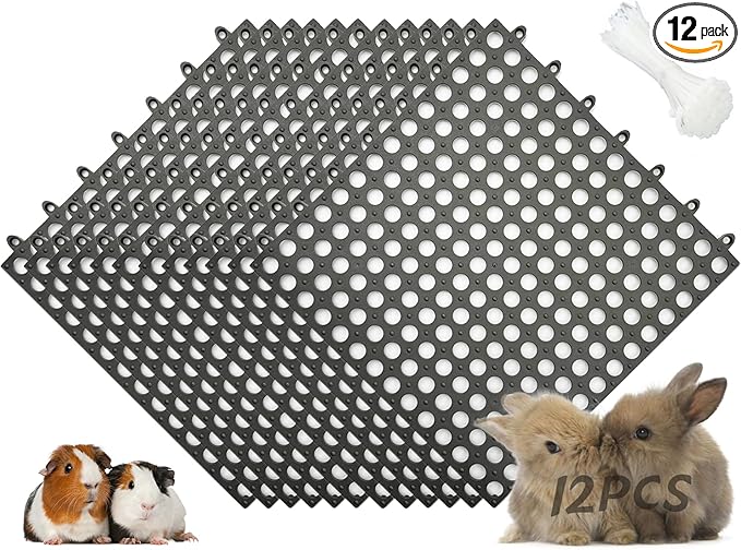 Rabbit Cage Mat Floor - 12 Pcs Plastic Bunny Resting Mats 12x12 Washable Small Animal Feet Pad with Holes for Adult Guinea Pig Chinchilla Ferret Squirrel, Easy to Cut and Splice (Grey)