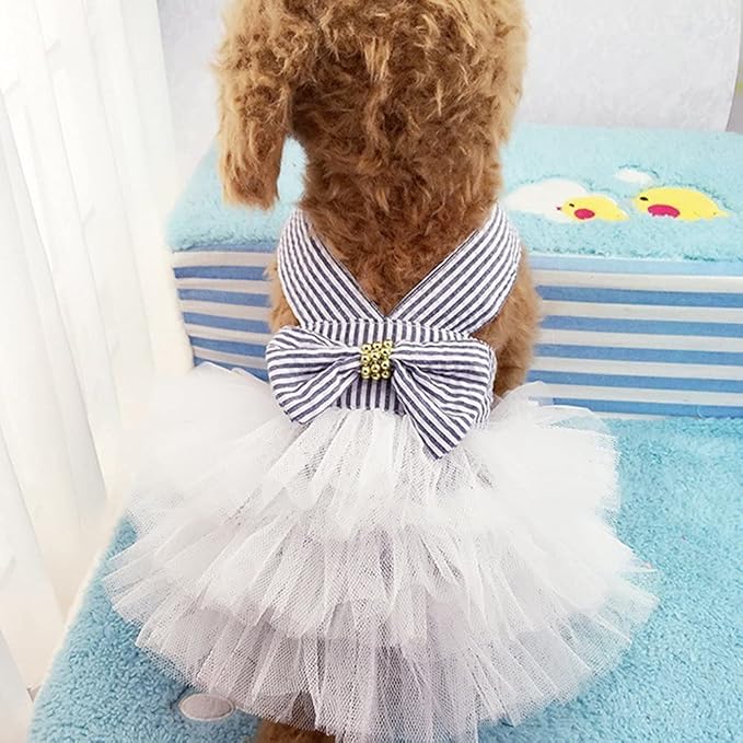 Dog Dresses, Fashion Pet Dog Clothes, Striped Mesh Puppy Dogs Princess Dresses (Blue, Small)