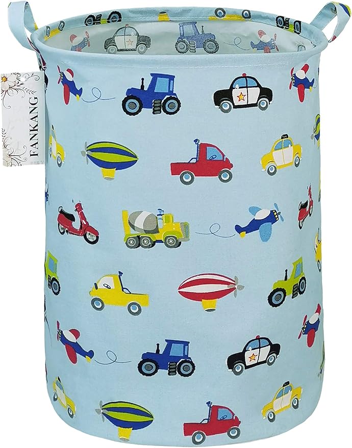 Storage Basket, Nursery Hamper Canvas Laundry Basket Foldable with Waterproof PE Coating Large Storage Baskets for Kids Boys and Girls, Office, Bedroom, Clothes,Toys（Car）