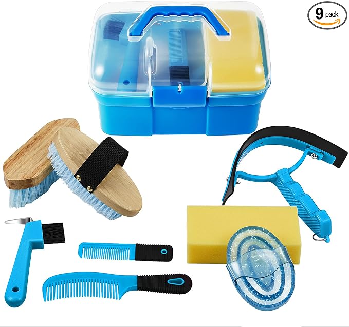 Cunhill 9 Pieces Horse Grooming Kit with Organizer – Curry Comb, Hard & Soft Brushes, Hoof Pick, Sweat Scraper, Sponge – Grooming Supplies for Horses, Riders & Beginners