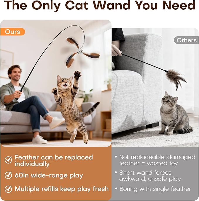 Potaroma Carbon Fiber Cat Wand Toy – Lightweight, Retractable Feather Teaser Stick with 9 Detachable Feathers, Bells & Multi-Attachment Kit for Indoor Kittens – Durable, Interactive Fun