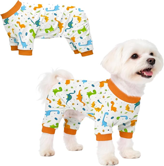 Dog Pajamas for Small Medium Dogs Recovery Suit Dog Pjs Dog Onesie Cute Soft Breathable Puppy Pajamas Pet Spring Summer Stretchy Pjs for Boy Girl - Orange Dinosaurs