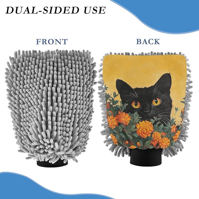 Car Wash Mitt Microfiber Wash Mitts for Car Washing Scratch-Free Cleaning Gloves Soft Non Absorbent Chenille Auto Hand Mitt Large 2Pack Orange Flower Black Cat