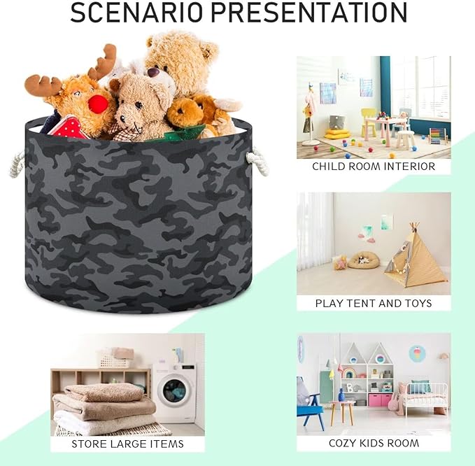 Black Gray Camo Print Round Storage Basket Military Camouflage Large Laundry Hamper 20 x 20 x 14 Inches Organizer Bin with Handles Clothes Storage Bag for Nursery Bedroom Living Room Decor