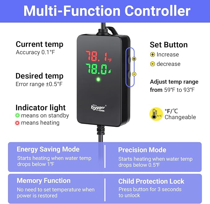 hygger ECO Precise Aquarium Submersible Heater, 200W for 20-40 Gallon Fish Tank Heater with Digital Display Adjustable Controller for Saltwater Freshwater