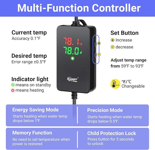 hygger ECO Precise Aquarium Submersible Heater, 200W for 20-40 Gallon Fish Tank Heater with Digital Display Adjustable Controller for Saltwater Freshwater