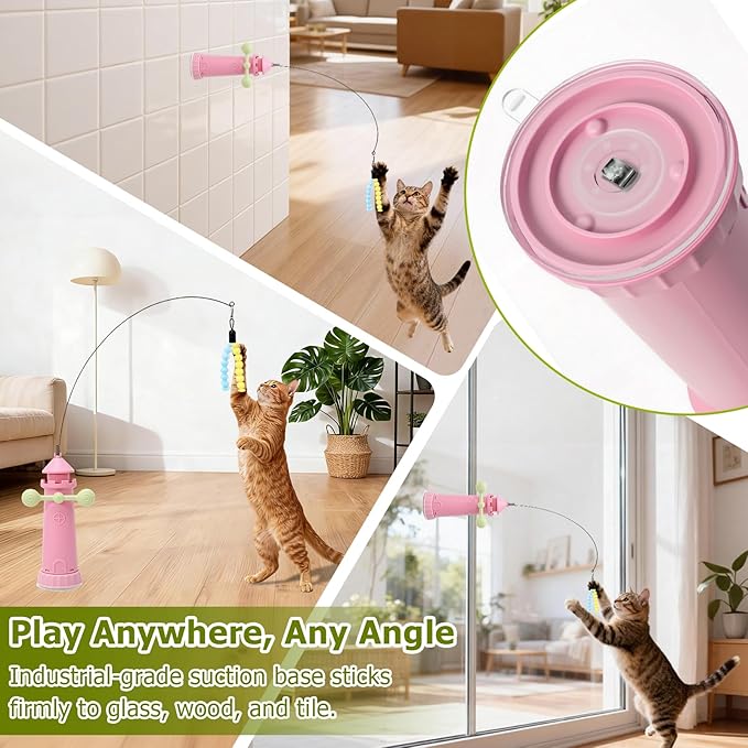 Interactive Cat Toys for Indoor Cats, Windmill Feather Cat Teaser Wand, Bouncy Kitten Toys with Strong Suction Cup Base for Bored Felines & Self-Played Enrichment Pink