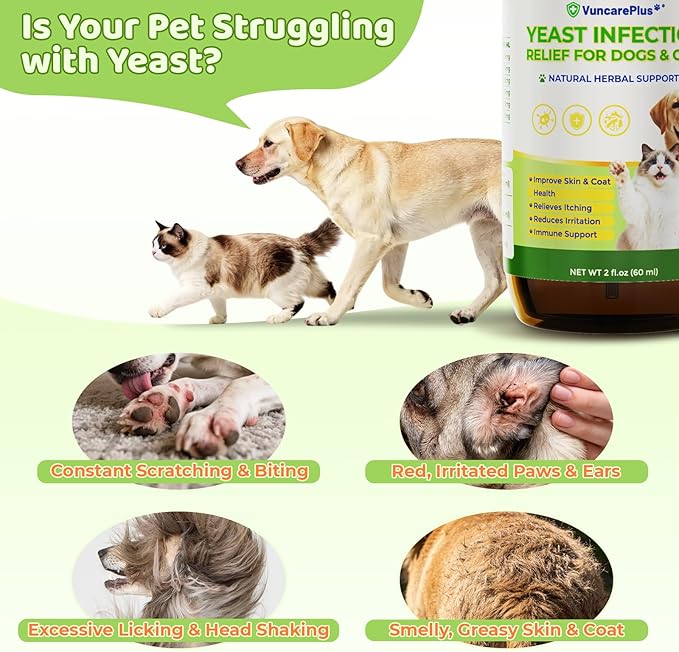 Natural Yeast Relief Drops for Dogs & Cats – 2 fl oz Herbal Ear & Skin Support for Itching, Paw Licking, Hot Spots & Odor Control – Apple Cider Vinegar & Goldenseal – Chicken Flavor Liquid Drops