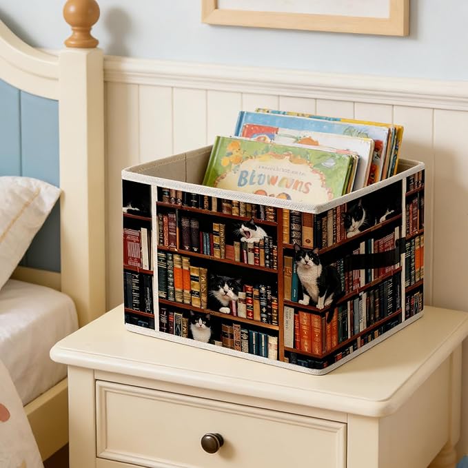Vintage Cat Book Lovers Storage Bins, Bookish Tuxedo Cat Foldable Closet Organizers Storage Basket Toybox for Reading Corner Room Library Bedroom Bathroom Home Clothes Toys Books