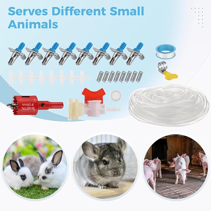 Automatic Rabbit Watering System, Rabbit Automatic Waterer Kit, 24 Pcs Drinkers with 5/16" Hose, T-Fittings, Springs, Drill, and Gasket for Bunny, Chinchilla
