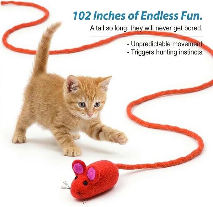 Glaciart One Felt Mouse Cat Toy – Soft Fuzzy Enrichment 100% Natural Wool - Interactive Catnip Play Cat Toy Set - Safe for Pets, Non-AZO Colored Dyes - 100” Long