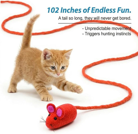 Glaciart One Felt Mouse Cat Toy – Soft Fuzzy Enrichment 100% Natural Wool - Interactive Catnip Play Cat Toy Set - Safe for Pets, Non-AZO Colored Dyes - 100” Long