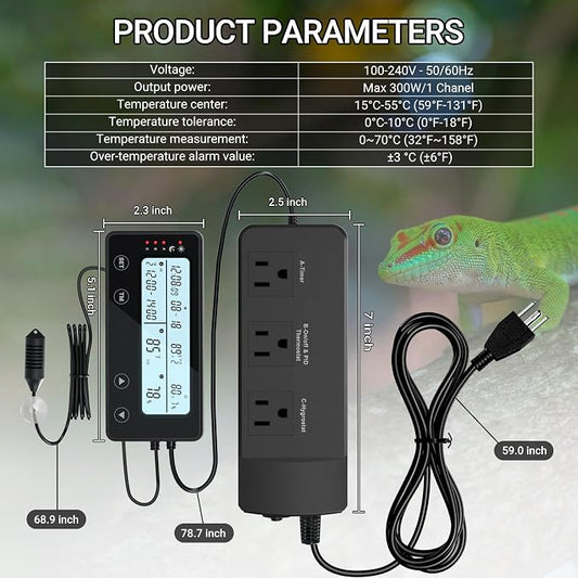 Reptile Temperature Controller with Timer, PID Reptile Digital Thermostat, 3-Channel Thermometer Hygrometer w/Memory, 2 IN 1 Day Night Temperature Humidity Gauge for Heat Lamp Bulb Humidifier
