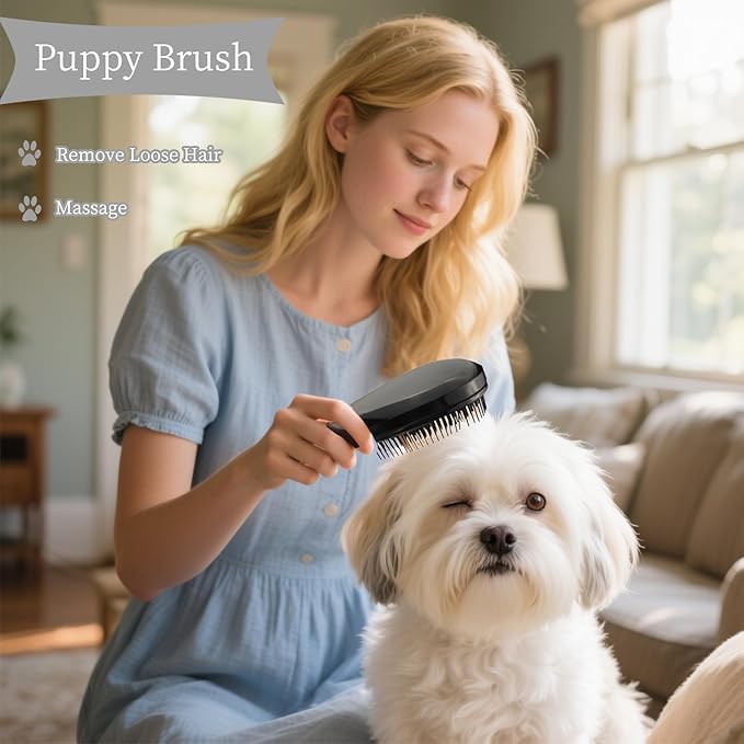 Comma-Shaped Small Dog Brush, Fit for Yorkie, Shih Tzu, Maltese Maltipoo Pomeranian - Gentle Soft Bristles for Effortless Pet Hair Removal, Puppy Essentials (Black)
