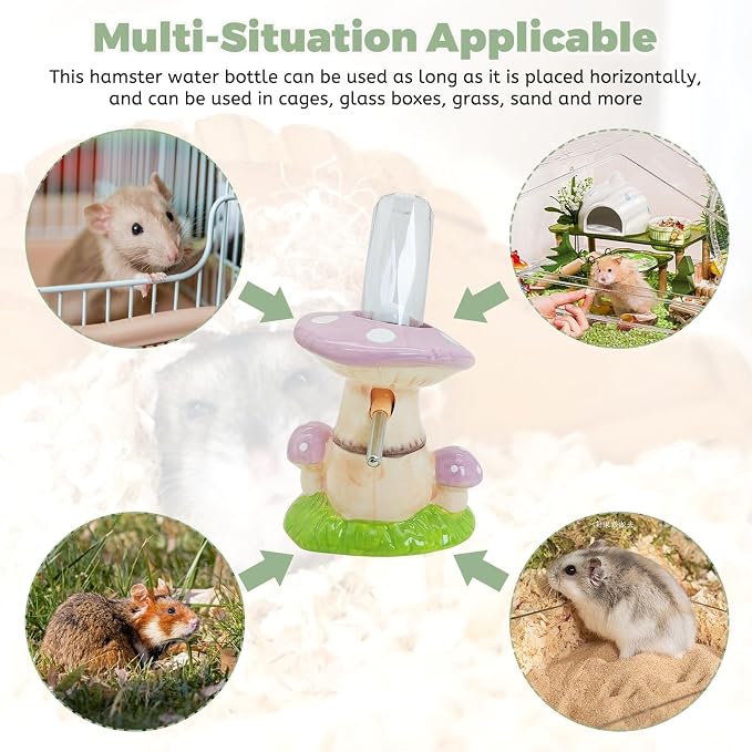 PINVNBY Hamster Water Bottle No Drip Ceramic Automatic Gerbil Water Bottle 80ML Water Dispenser with Mushroom Stand Holder for Gerbils Syrian Hamsters Dwarf Hamsters Mice (Purple)