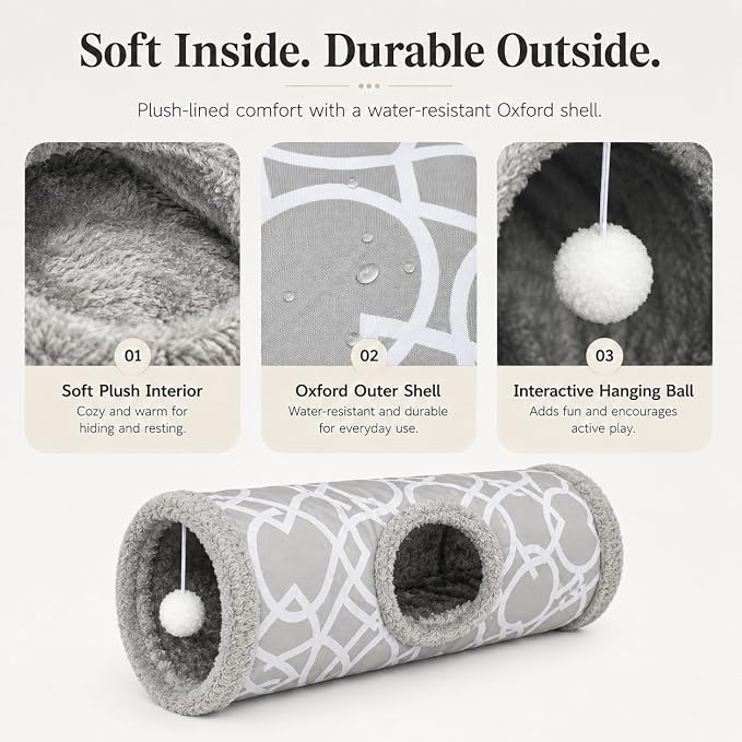 Plush Inside Stright Shape Small Animals Tube Tunnel with Interactive Ball for Guinea Pig, Hamster, Chinchilla, Hedgehog Hiding and Resting, Geometric Grey